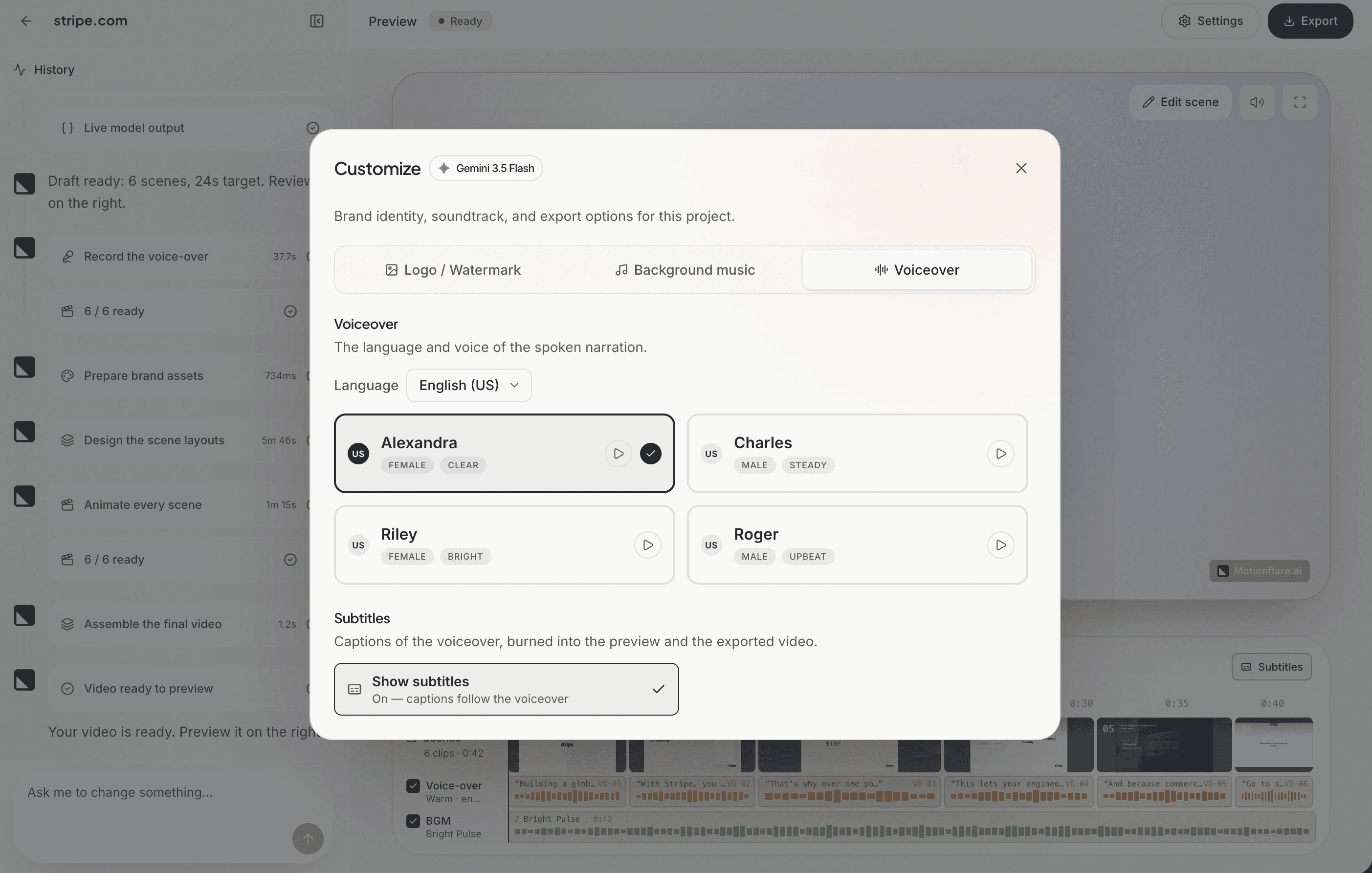 As Configurações do projeto do Motionflare com controles de logo, marca d’água, música de fundo e voz