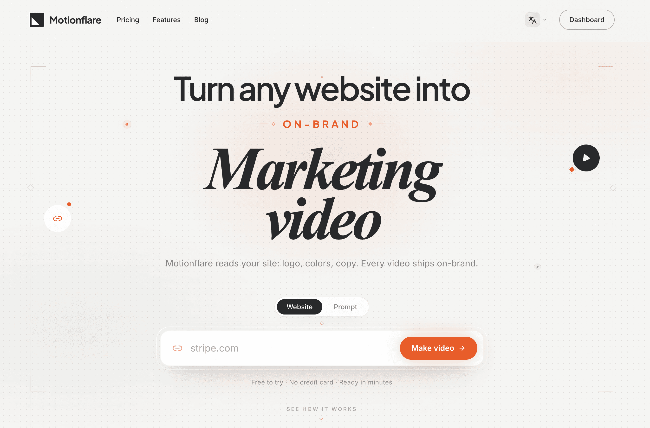A landing page redesenhada do Motionflare, com criação por site e por prompt