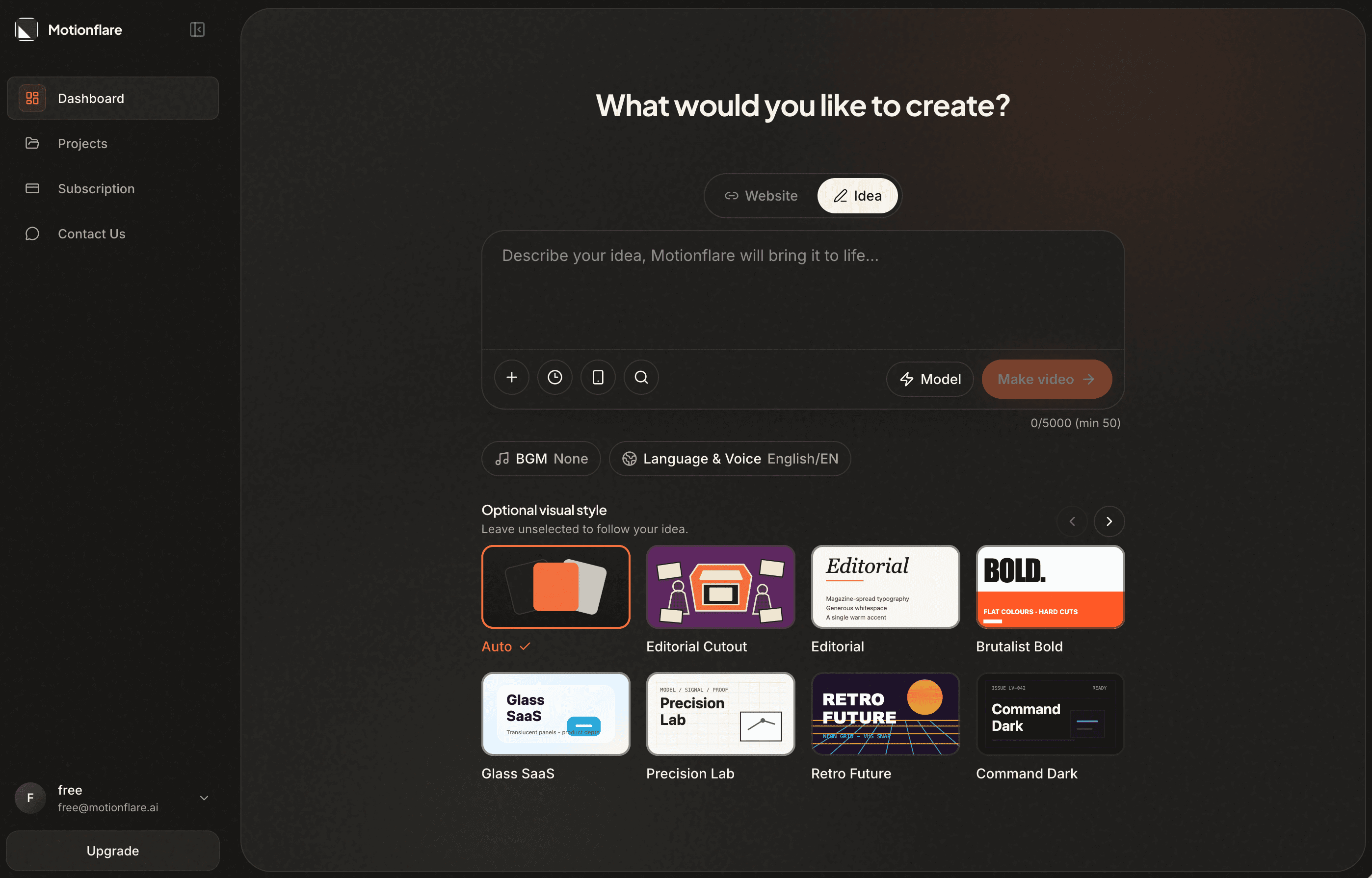 Motionflare's dashboard in dark mode