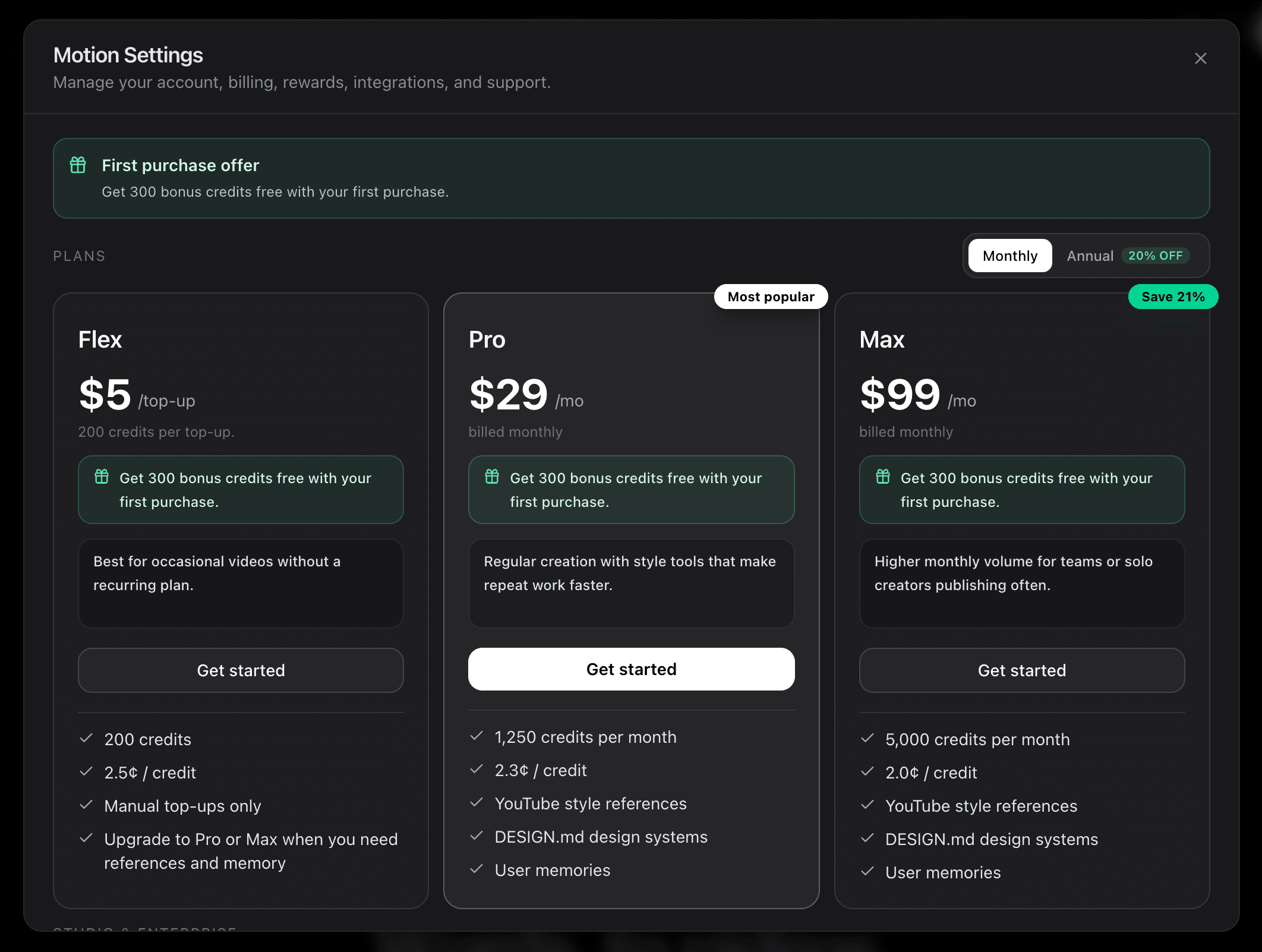 Pannello prezzi di Motion.so: Flex 5 $ per ricarica da 200 crediti, Pro 29 $/mese per 1.250 crediti, Max 99 $/mese per 5.000 crediti